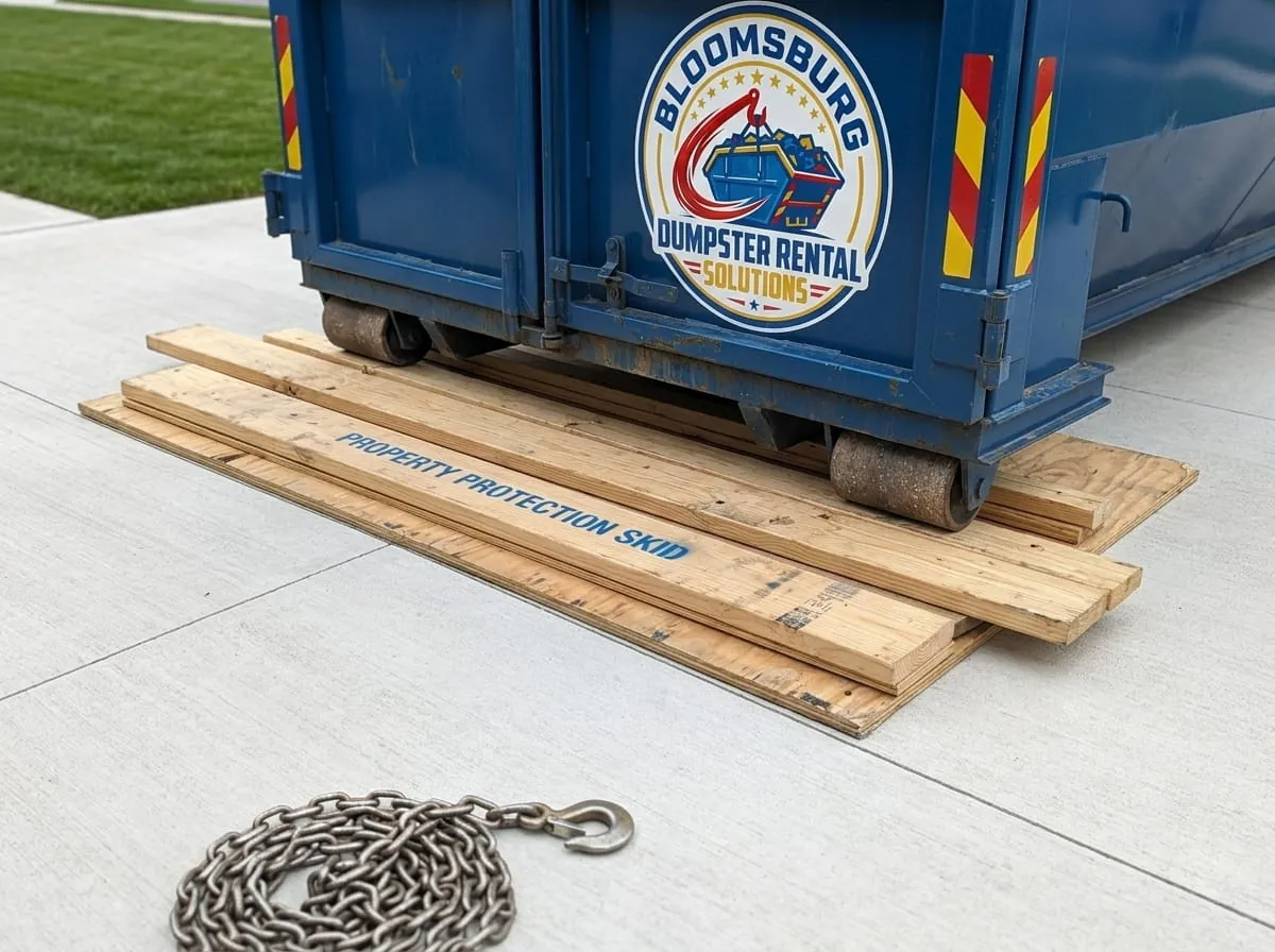 Bloomsburg Dumpster Rental Solutions truck delivering a roll-off dumpster to a Bloomsburg PA driveway
